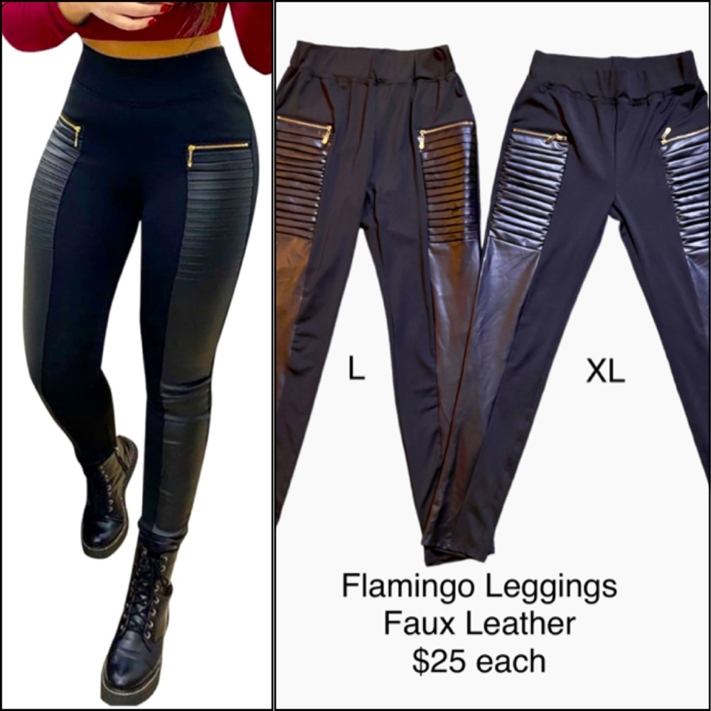 Flamingo Faux Leather Moto Leggings